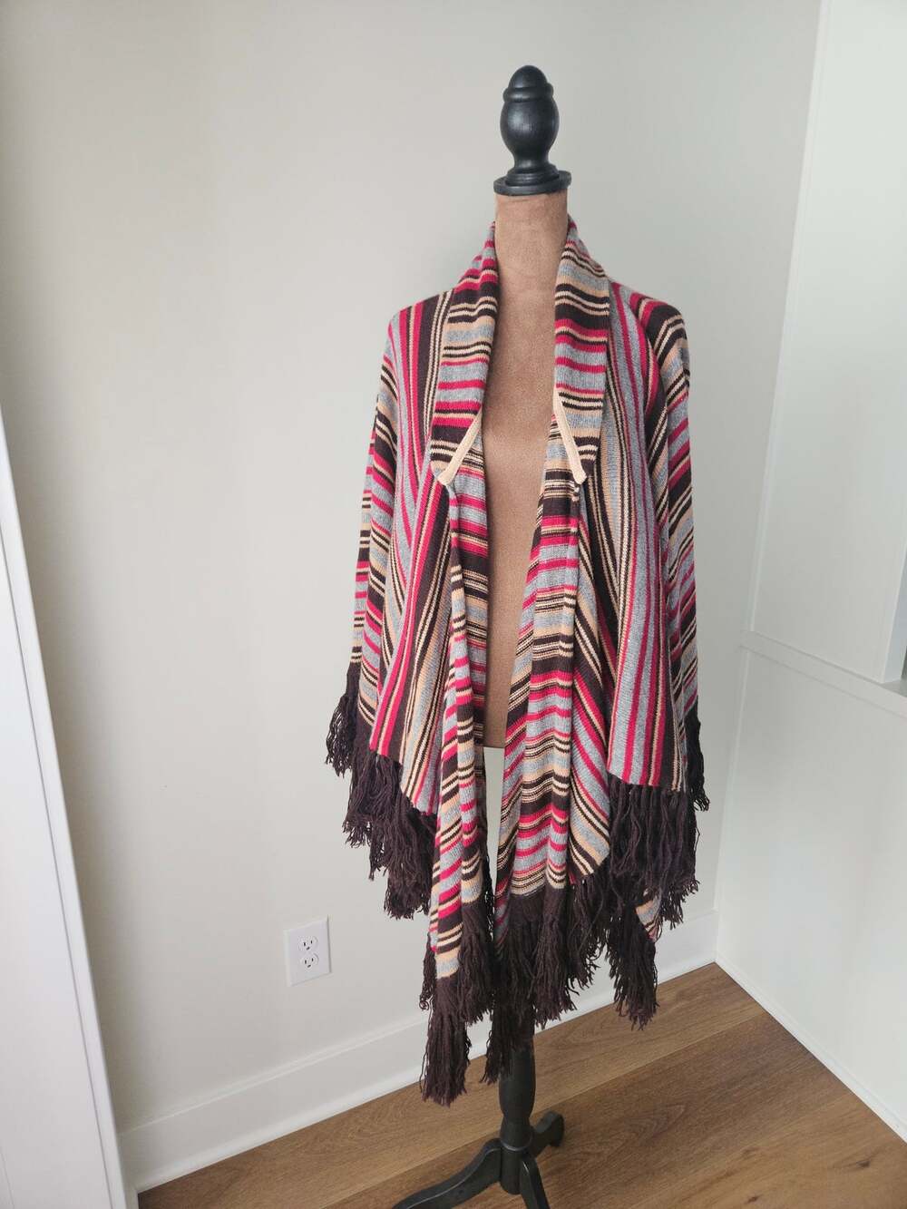 Parameter Boho Striped Knit Poncho Wrap Rabbit Hair Fringe OS Western Layering